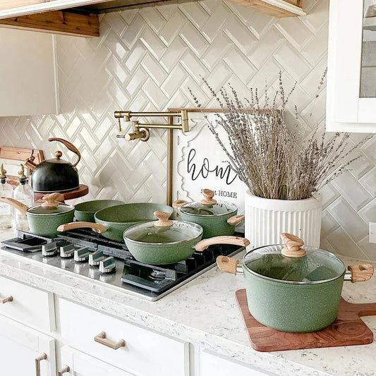 12Piece Kitchen Induction Cookware Set Granite Non Stick Pots and Pans Set w/Lid